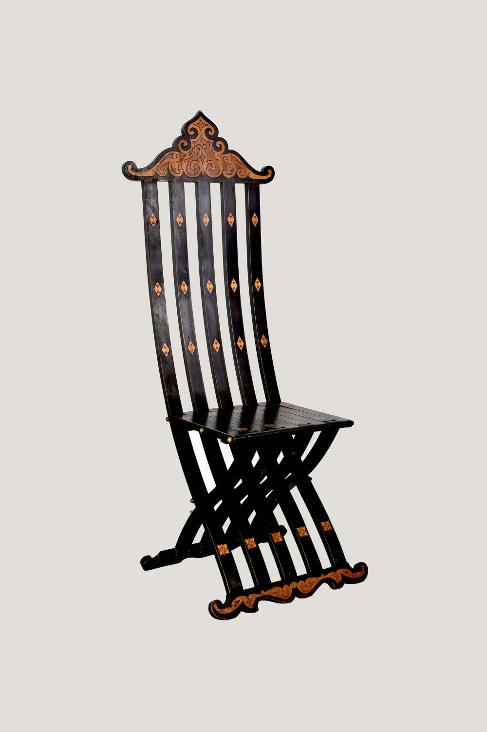 Appraisal: ITALIAN BAROQUE STYLE INLAID FOLDING SLAT CHAIRModern The ebonized side