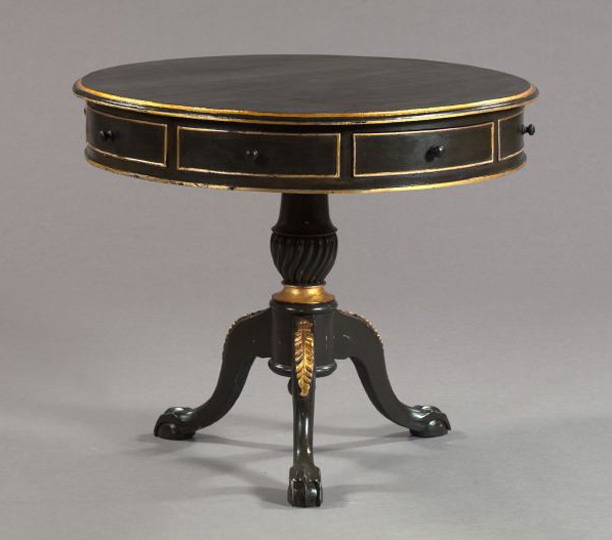 Appraisal: George III-Style Ebonized and Parcel-Gilt Circular Table of drum form