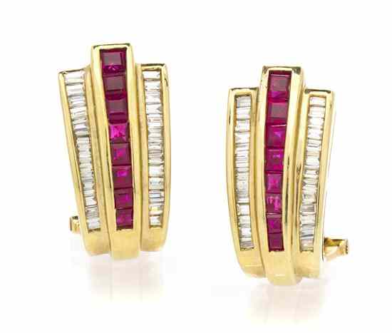 Appraisal: A Pair of Karat Yellow Gold Ruby and Diamond Earclips