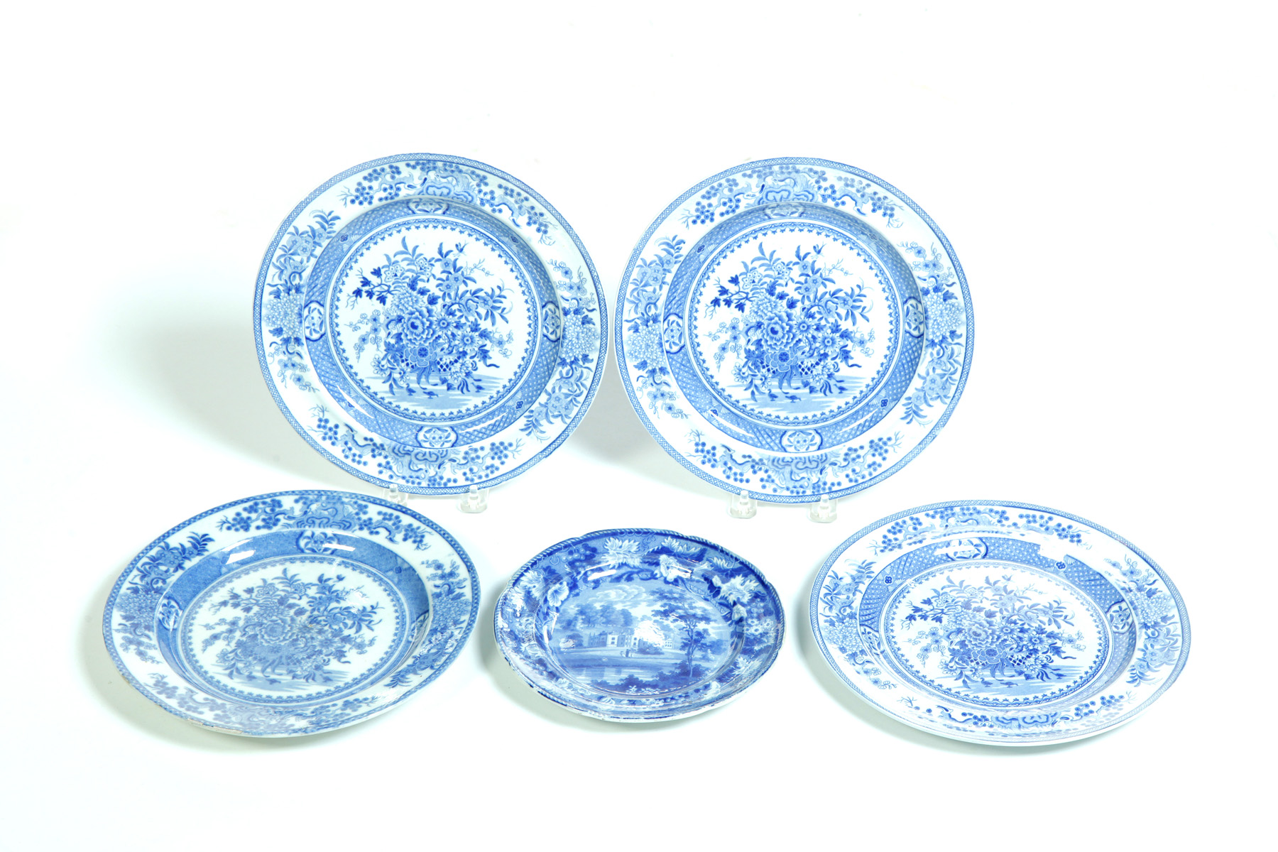 Appraisal: FIVE STAFFORDSHIRE BLUE TRANSFER PLATES English nd quarter- th century