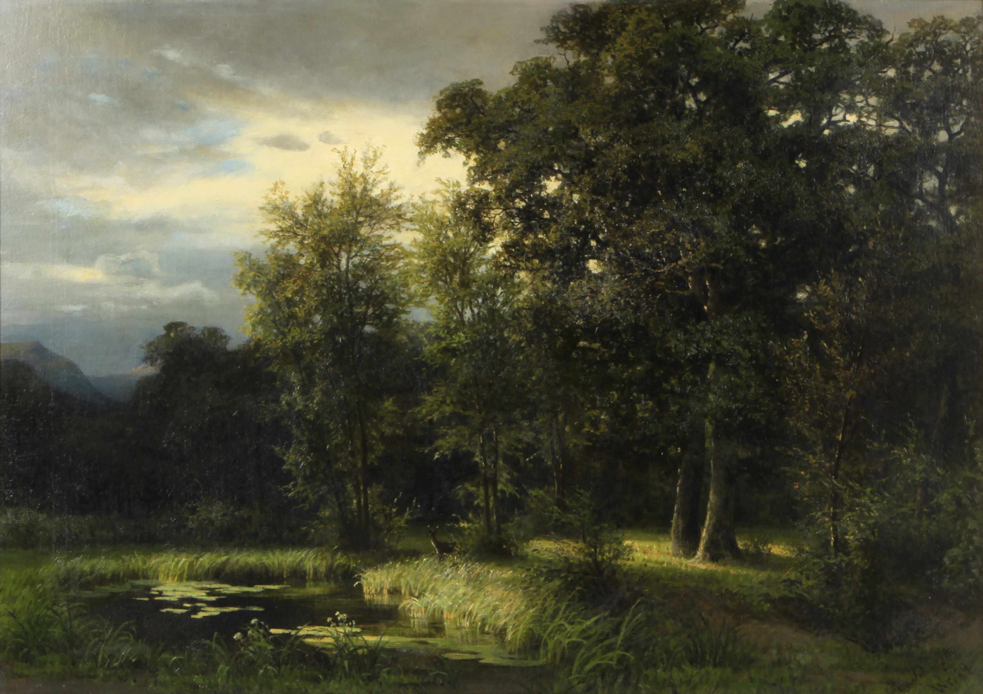 Appraisal: German School A deer in a forest clearing oil on