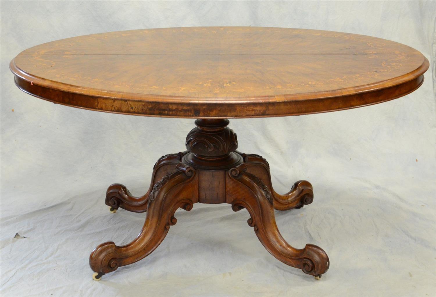 Appraisal: Continental floral inlaid burl walnut tilting oval breakfast table with