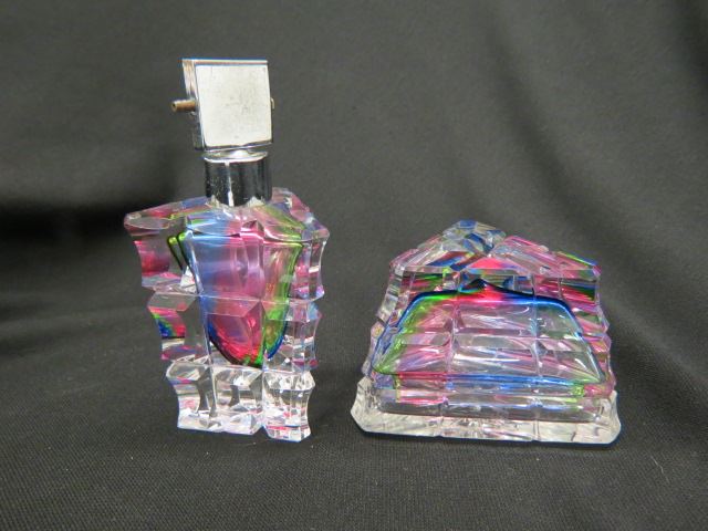 Appraisal: Rainbow Cut Glass Dresser Box Atomizer triangular tallest is excellent