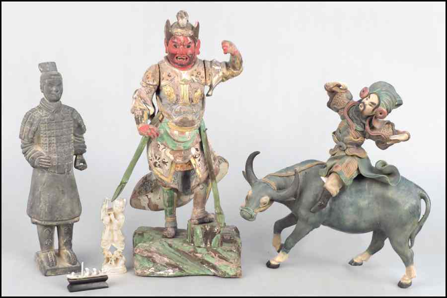 Appraisal: PAINTED AND PARCEL GILT WOOD WARRIOR Together with a ceramic