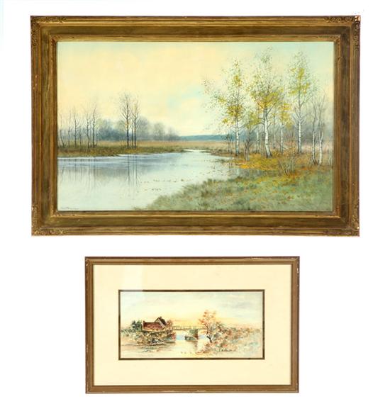 Appraisal: TWO LANDSCAPES Watercolors on paper both artist signed Fall scene