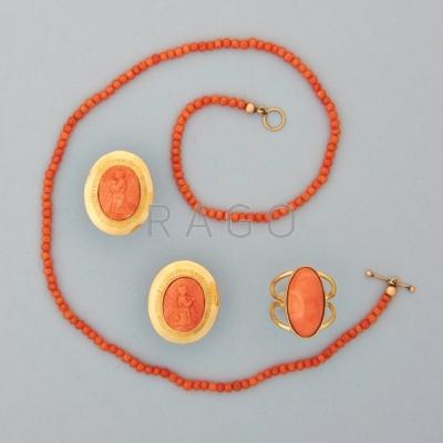 Appraisal: ASSEMBLED SUITE GOLD CORAL JEWELRY MID th C k yg