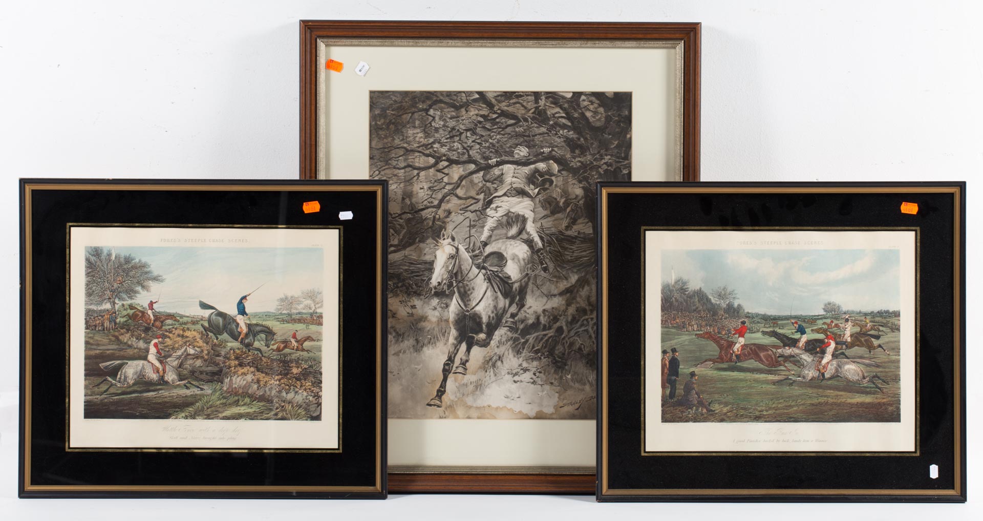 Appraisal: Three framed steeplechase prints