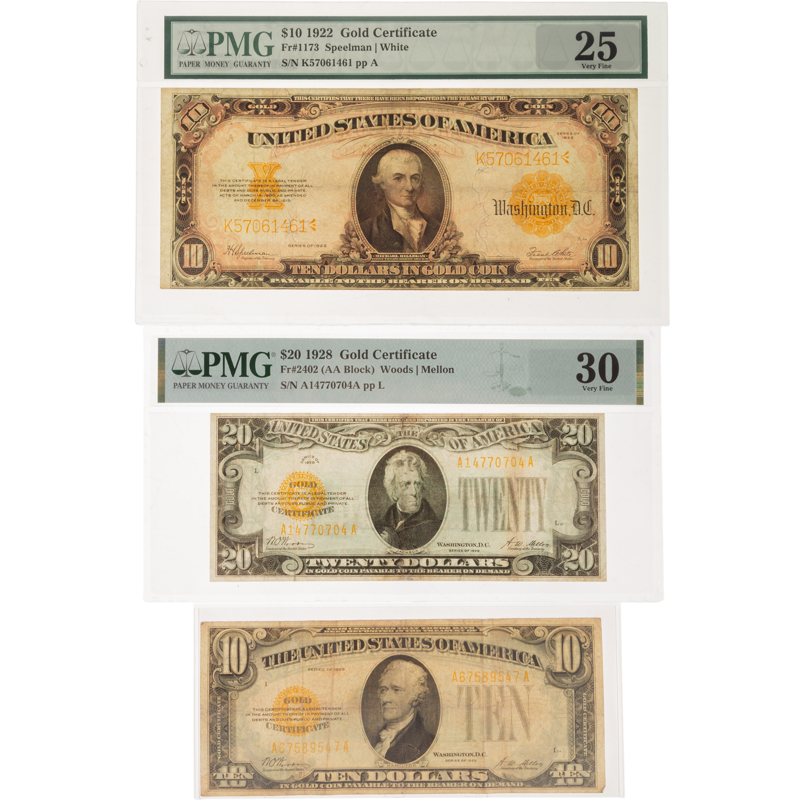 Appraisal: THREE U S GOLD CERTIFICATES FR F VF FR PMG