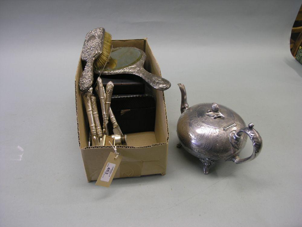 Appraisal: A silver plated teapot with engraved ornament a set of