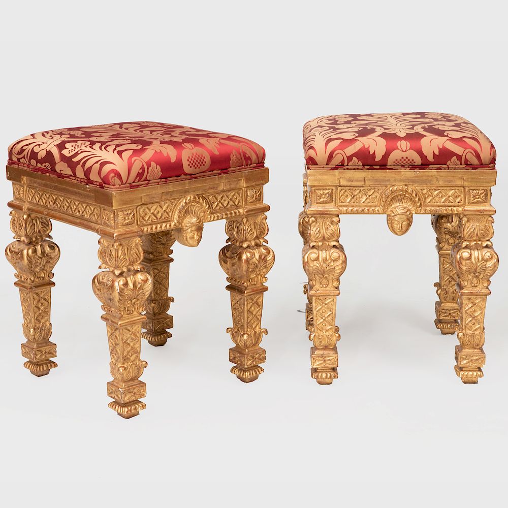 Appraisal: Pair of Italian Baroque Style Giltwood Stools x x in