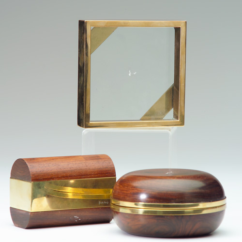 Appraisal: GABRIELLA CRESPI Three brass-trimmed desk items s two wooden boxes