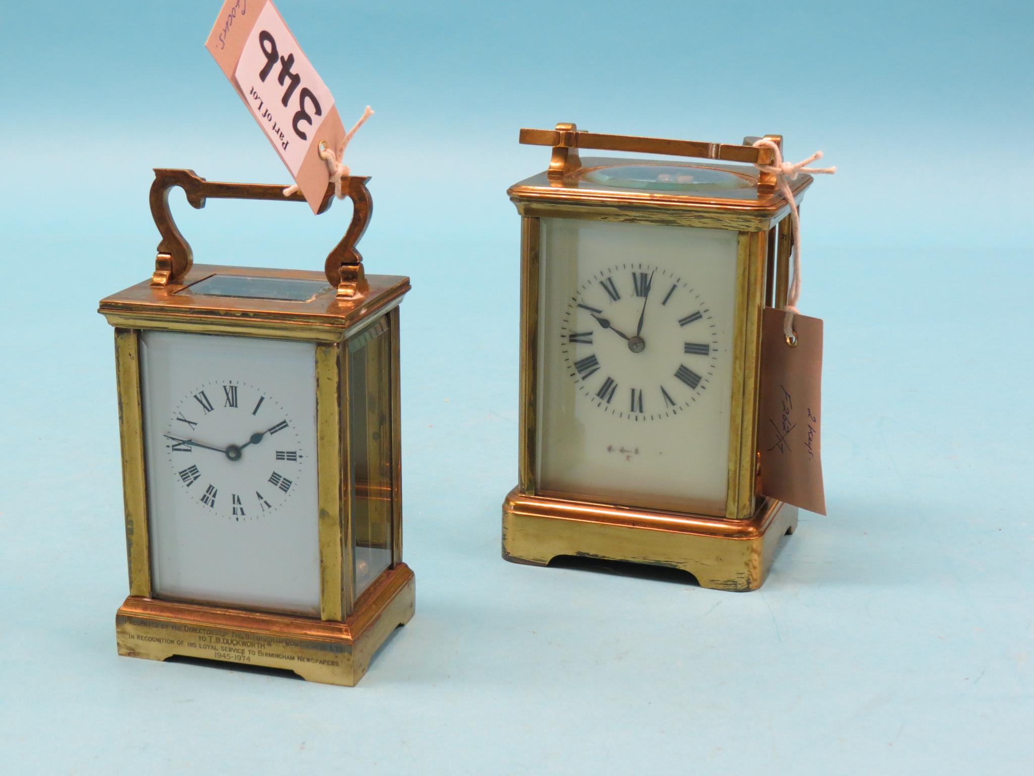 Appraisal: Two French carriage clocks each with enamelled dial and timepiece