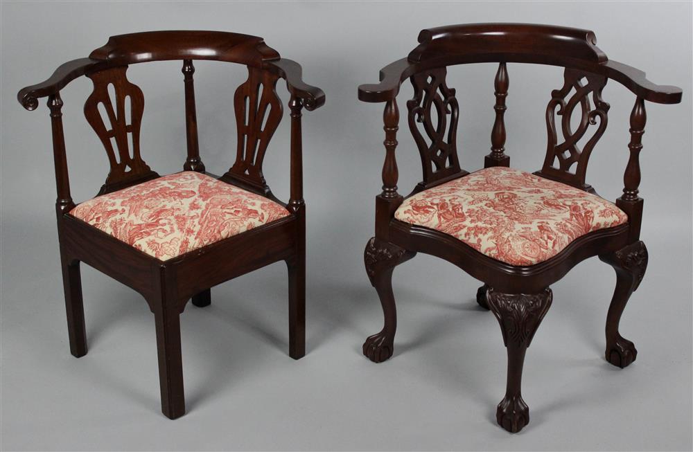 Appraisal: TWO CHIPPENDALE STYLE MAHOGANY CORNER CHAIRS each with a shaped