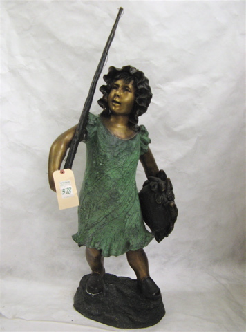 Appraisal: PATINATED BRONZE FLOOR SCULPTURE young Dutch girl with fishing pole