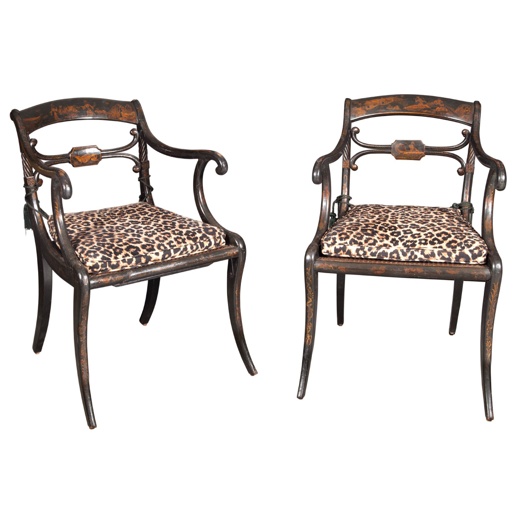 Appraisal: Pair of Regency Black Painted and Parcel Gilt Armchairs Circa