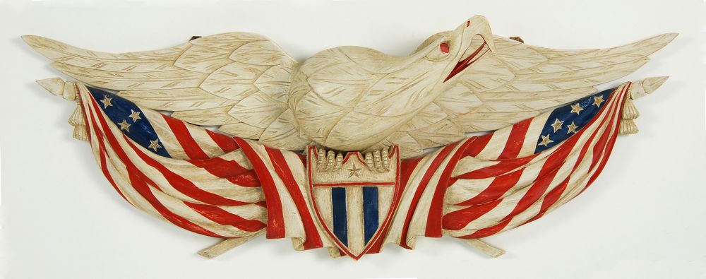 Appraisal: PAINTED CARVED WOODEN EAGLE In Bellamy style with Liberty banner