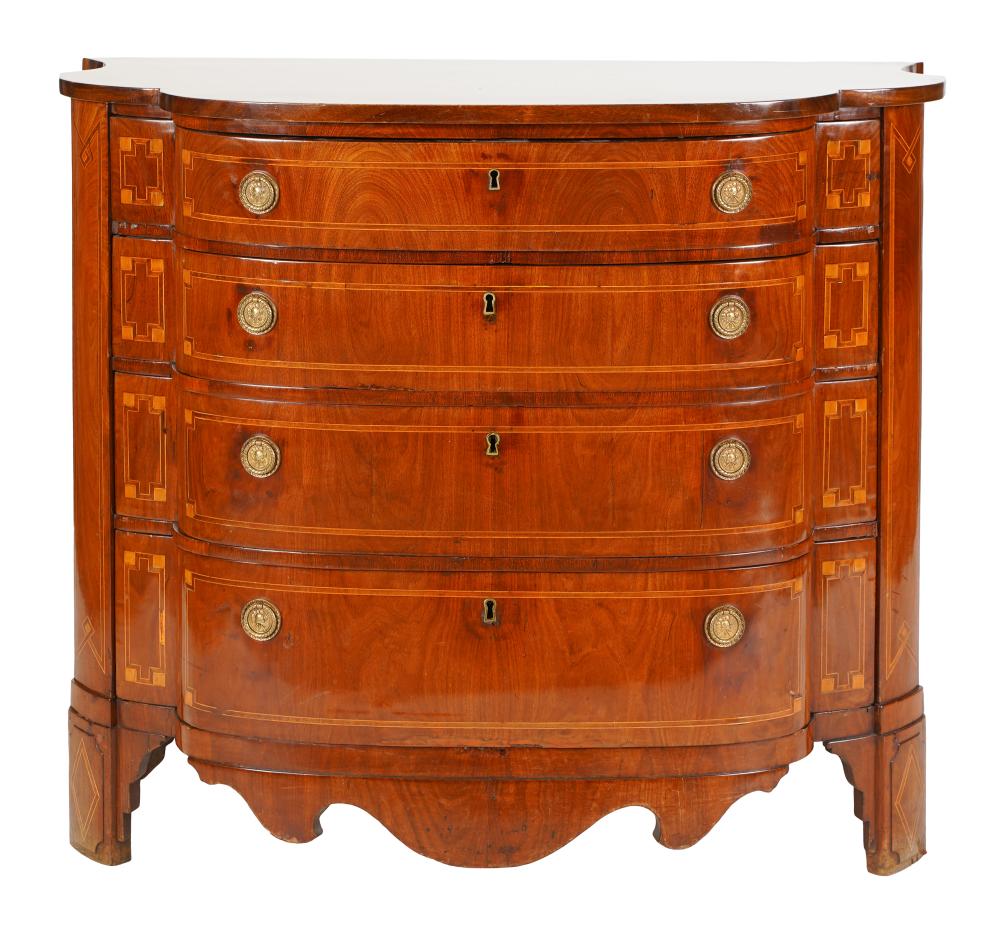 Appraisal: INLAID MAHOGANY BOWFRONT CHEST OF DRAWERSmodern unsigned with key inches