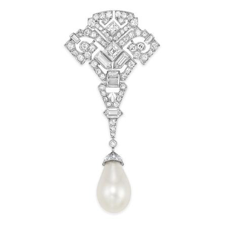 Appraisal: Art Deco Diamond Clip with Natural Pearl and Diamond Pendant