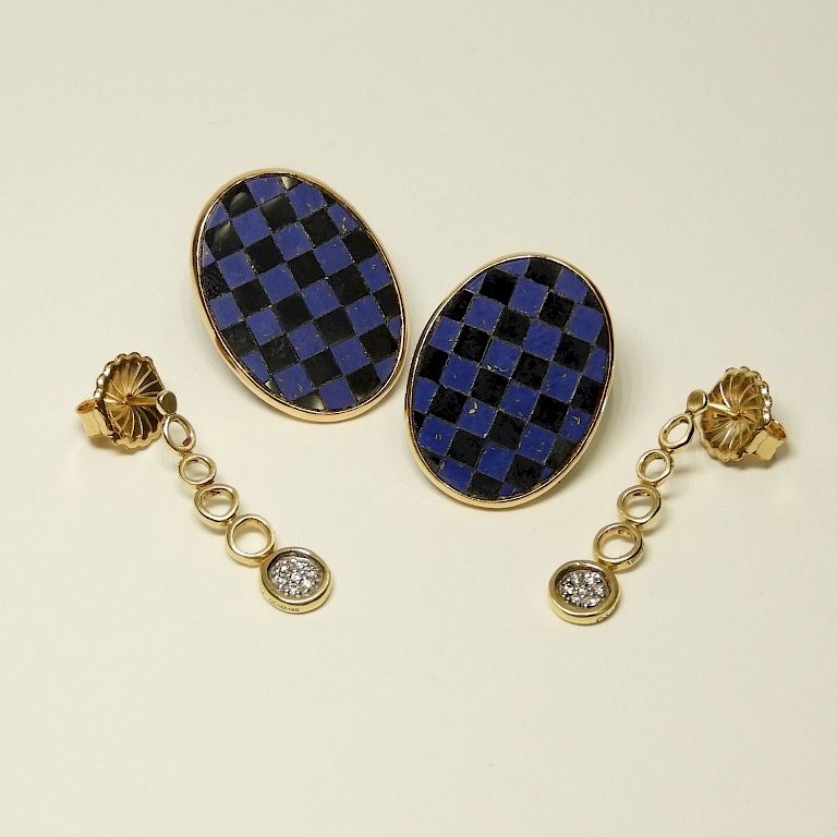 Appraisal: Pair K Gold Earrings Diamonds Lapis Onyx Unknown th Century