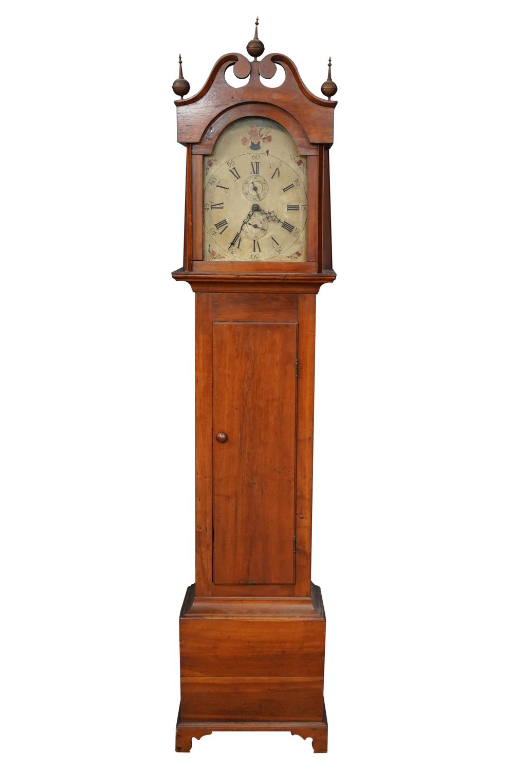 Appraisal: AMERICAN CHERRYWOOD TALL CASE CLOCKunsigned with floral-painted wood dial Condition