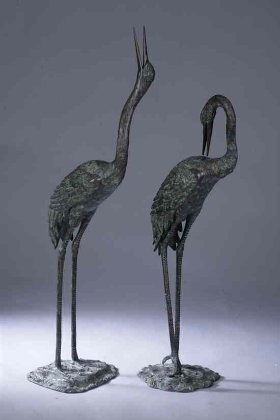 Appraisal: PAIR JAPANESE BRONZE FIGURES OF CRANES - Larger in high