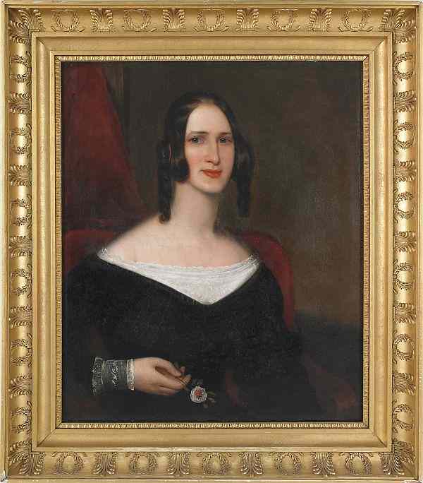 Appraisal: Oil on canvas portrait of a lady th c holding