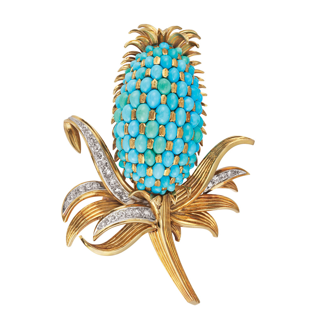 Appraisal: Gold Platinum Turquoise and Diamond Thistle Clip-Brooch Tiffany Co kt