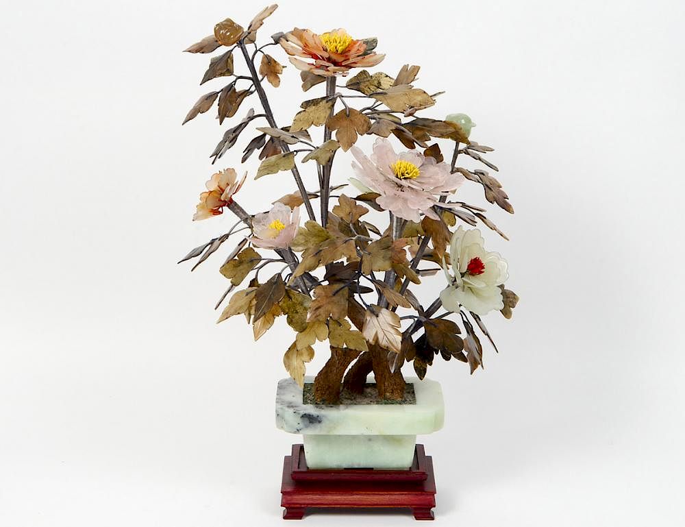 Appraisal: CHINESE FLOWERING MINERAL AND JADE TREE With large blossoms set