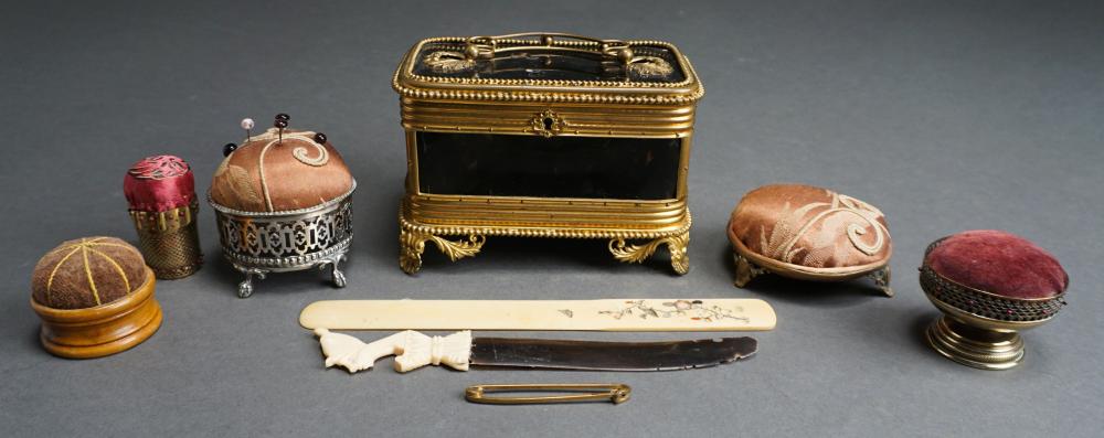 Appraisal: French Brass Mounted Sewing Box and Pincushions