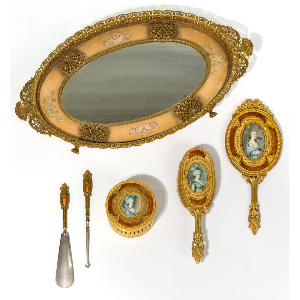 Appraisal: FRENCH VANITY SET gilt items with having hand-painted portrait decoration