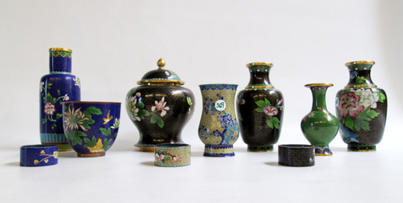 Appraisal: TEN PIECES OF CLOISONNE consisting of napkin rings small vases