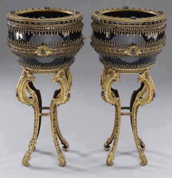 Appraisal: Pr French style cobalt porcelain jardiniereson gilt metal stands decorated