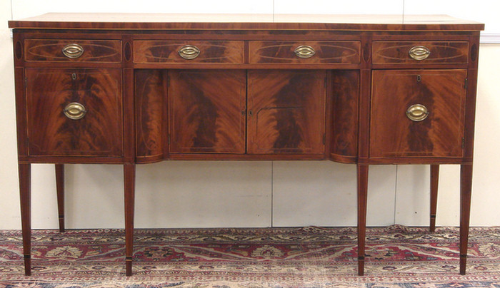 Appraisal: Inlaid mahogany Hepplewhite sideboard drawers over full doors flanking concave