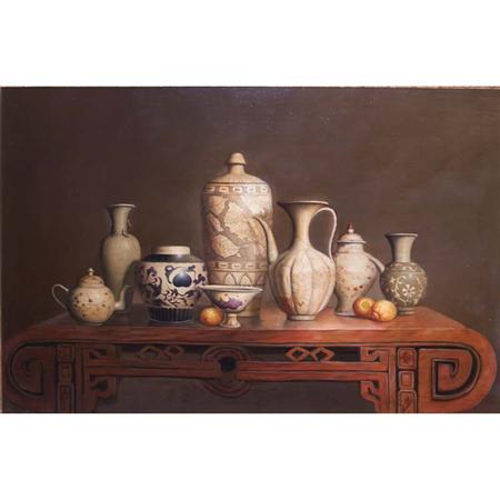 Appraisal: th Century School Still Life with Pottery and Oranges Estimate