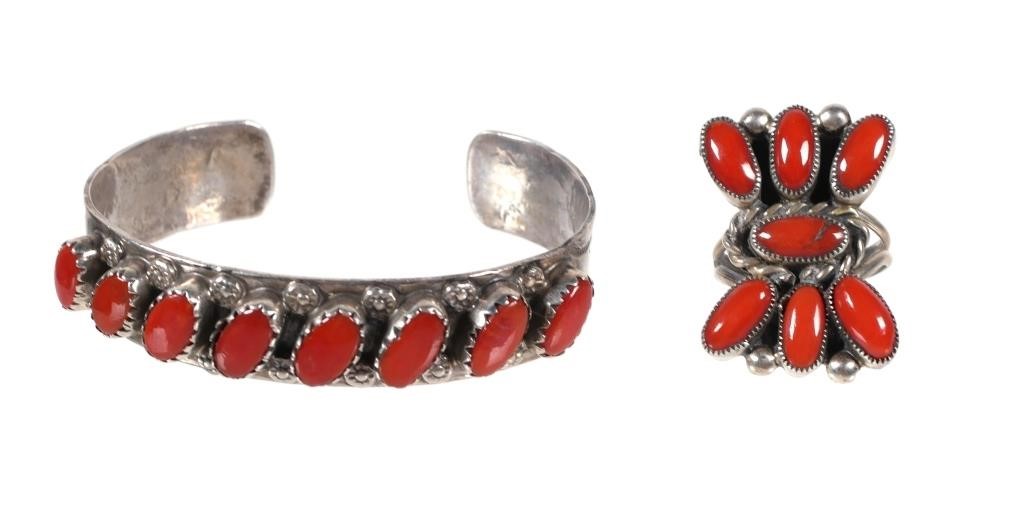 Appraisal: Sterling silver bracelet and ring with red coral cabochons Bracelet