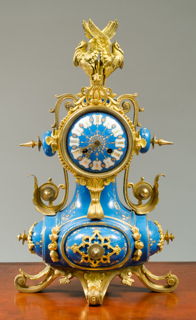 Appraisal: BLUE PORCELAIN AND GILT-BRONZE MANTEL CLOCK French th century a