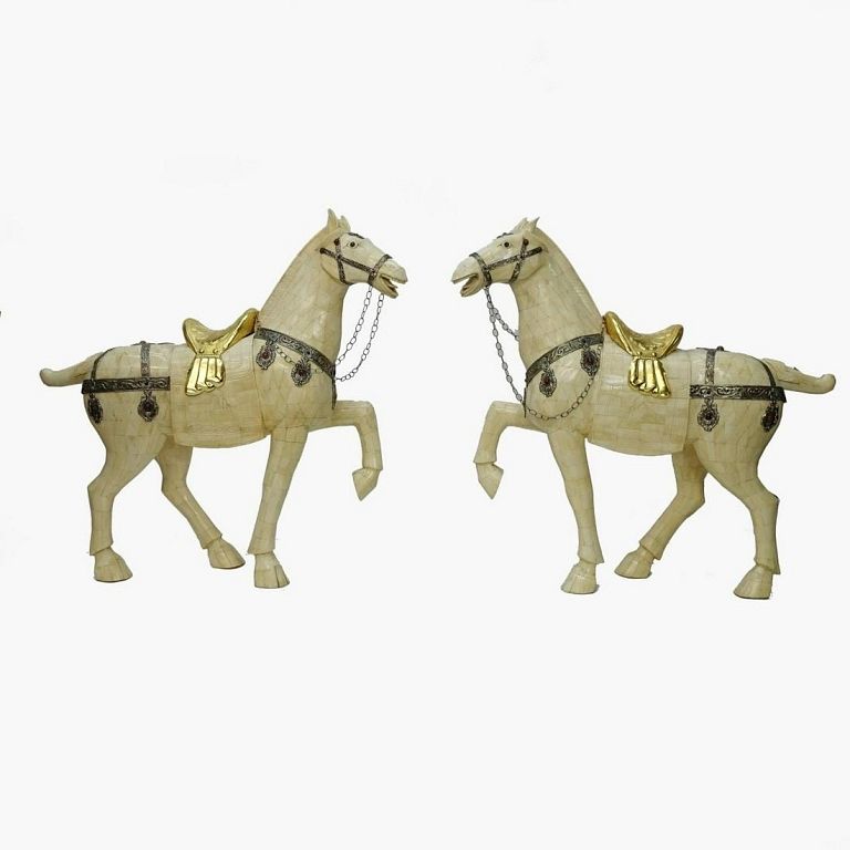 Appraisal: Monumental Chinese Bone Horses Monumental Pair of Chinese Tessellated Carved