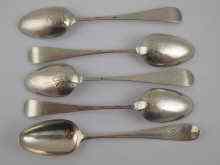 Appraisal: Five Hanoverian shellback teaspoons maker P R probably Philip Roker