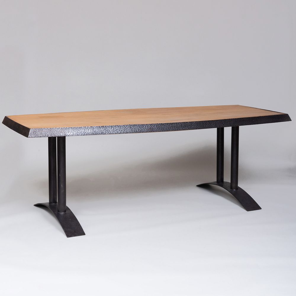 Appraisal: Modern Hammered Metal Oak and Oxidized Metal Table x ft