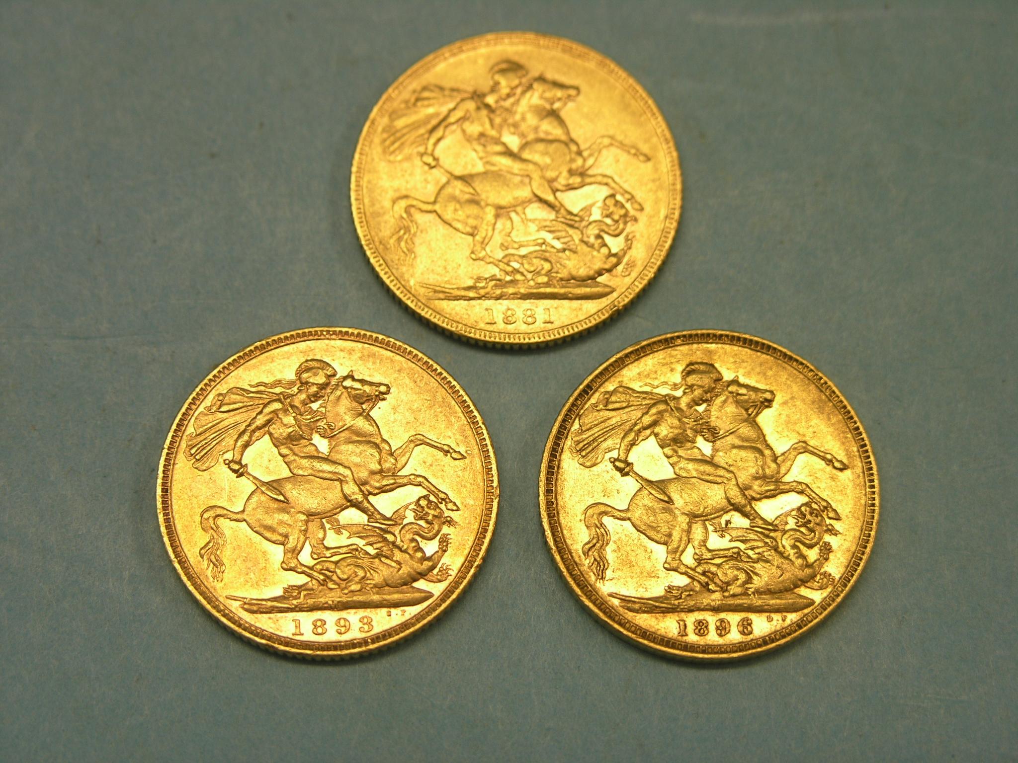 Appraisal: Three Victorian gold Sovereigns Melbourne and Sydney mints