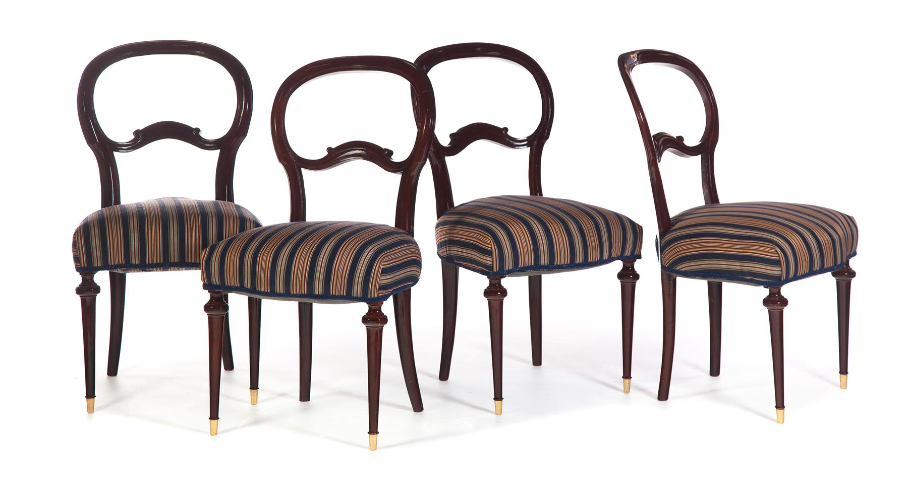 Appraisal: FOUR VICTORIAN-STYLE SIDE CHAIRS American th century Open backs striped