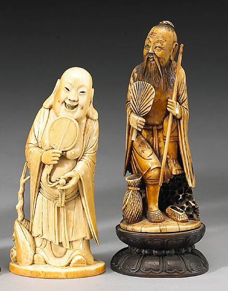 Appraisal: Two tinted ivory figures th Century The first depicting a