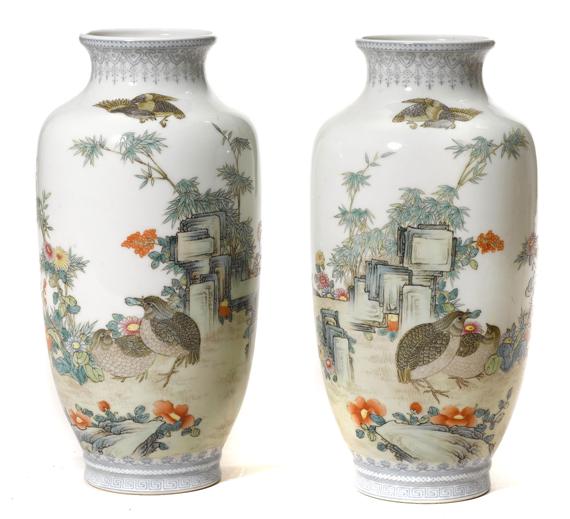 Appraisal: A PAIR OF PAINTED VASES WITH QUAIL DECORATION China th