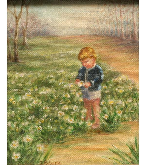 Appraisal: Boy in park meadow picking flowers Impressionistic oil on canvas