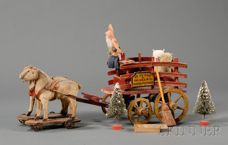 Appraisal: Painted Wooden Pull-Toy Wagon with Horses and Santa Claus Figure