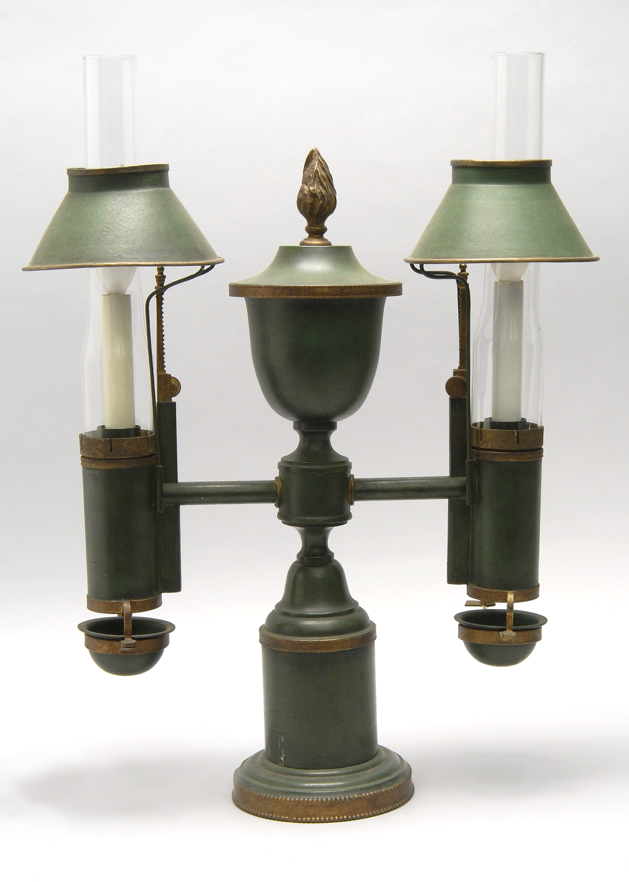 Appraisal: EARLY TH CENTURY FRENCH TOLE DOUBLE LAMP WITH CENTRAL URN