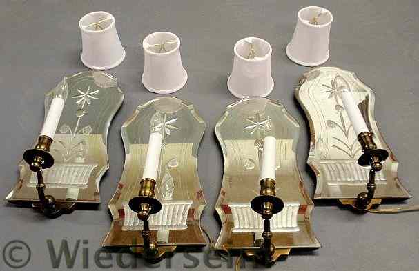 Appraisal: Set of four contemporary brass electrified wall sconces with mirrored