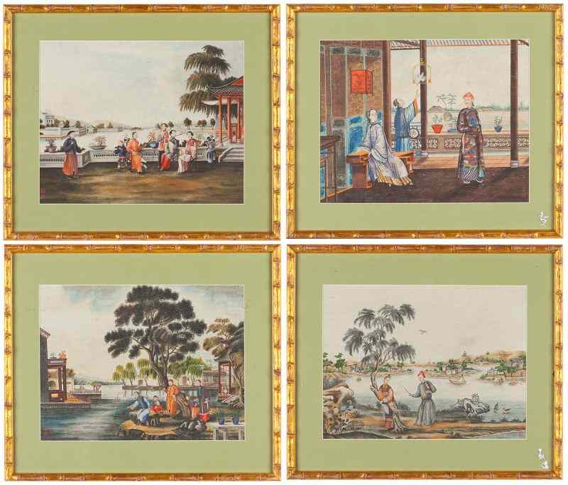 Appraisal: Four Chinese Qing Dynasty Court Scenes th century signed watercolor