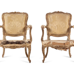 Appraisal: A Pair of Louis XV Parcel Gilt Fauteuils th Century