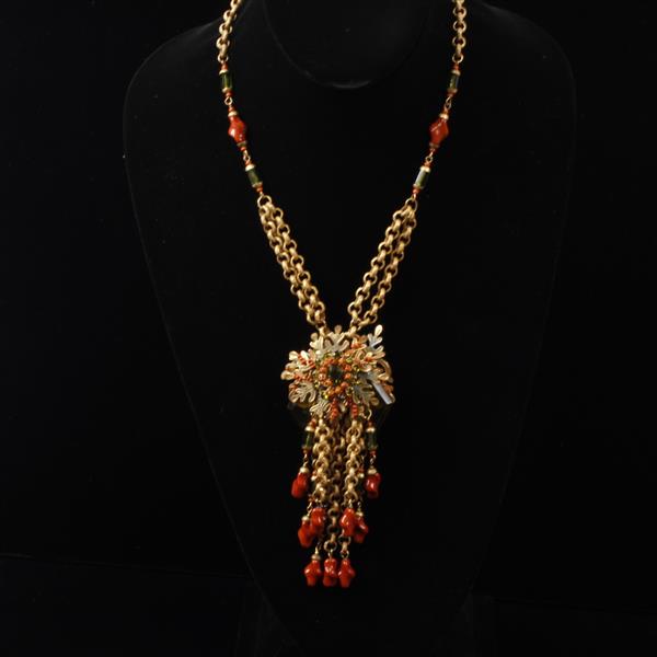 Appraisal: Miriam Haskell Poured Glass Coral Brass Tassel Necklace with green